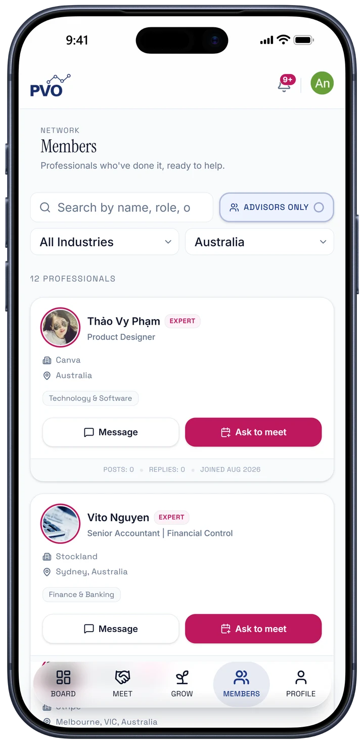 PVO Networking on iPhone: the Members directory